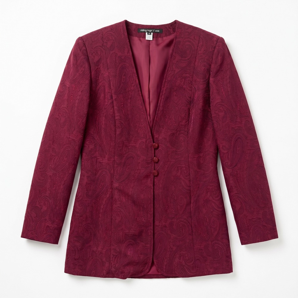 Riding High USA Blazer Women M Burgundy Excellent Paisley Jacquard Collarless